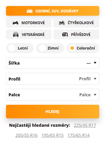 Rychlé filtrování rozměrů na Pneuprodejna.cz